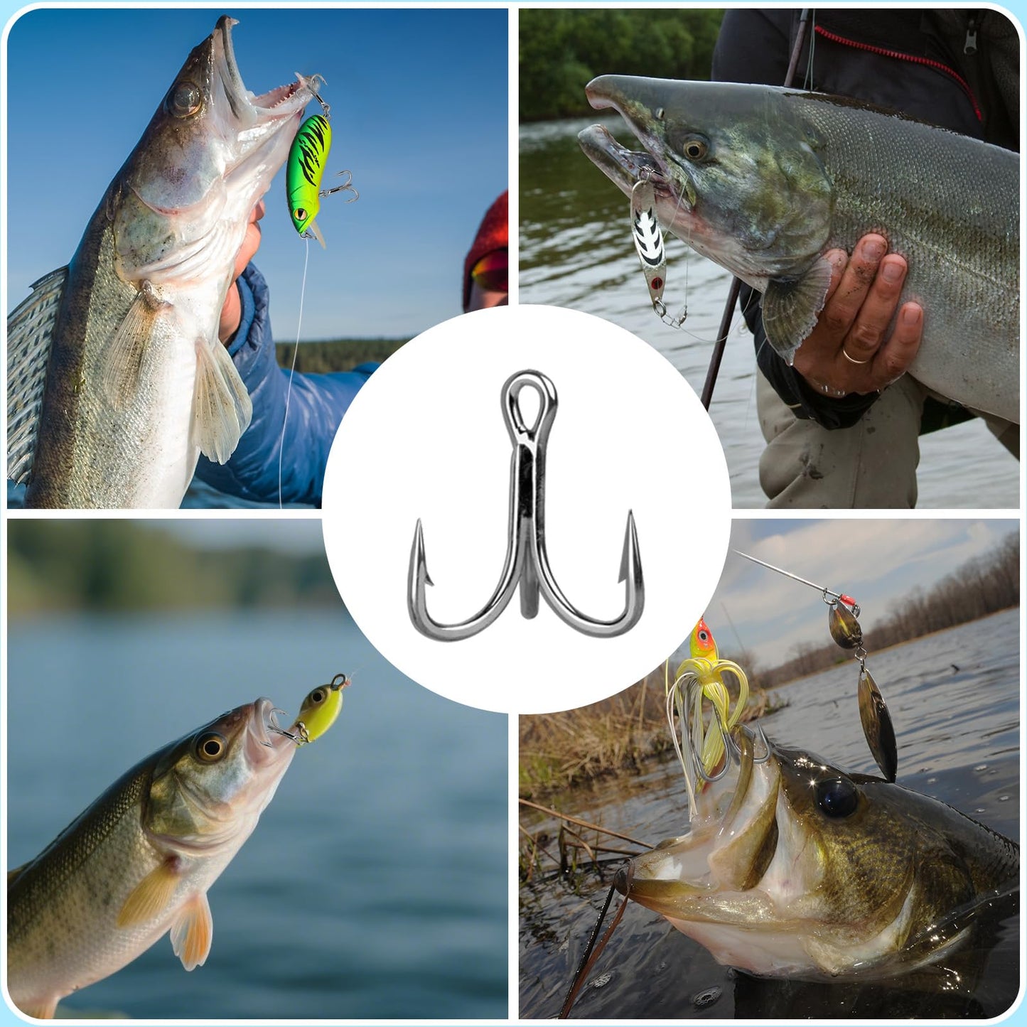 9KM DWLIFE Fishing Treble Hooks 4X High Carbon Steel Triple Hooks Fishing Treble Hooks for Salmon Trout Bluefish Catfish Hooks 10 Pcs Size 16#