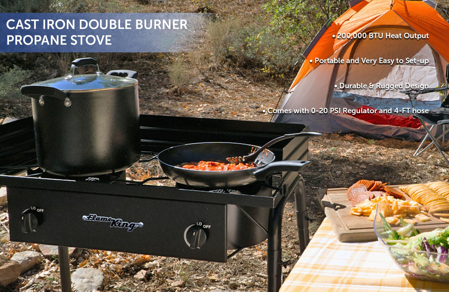 Flame King 200,000 BTU Propane Burner Gas Stove Heavy Duty Turkey Fryer/Camp Cooker, Portable with Stand Great for Outdoor Cooking, Home Brewing & Canning