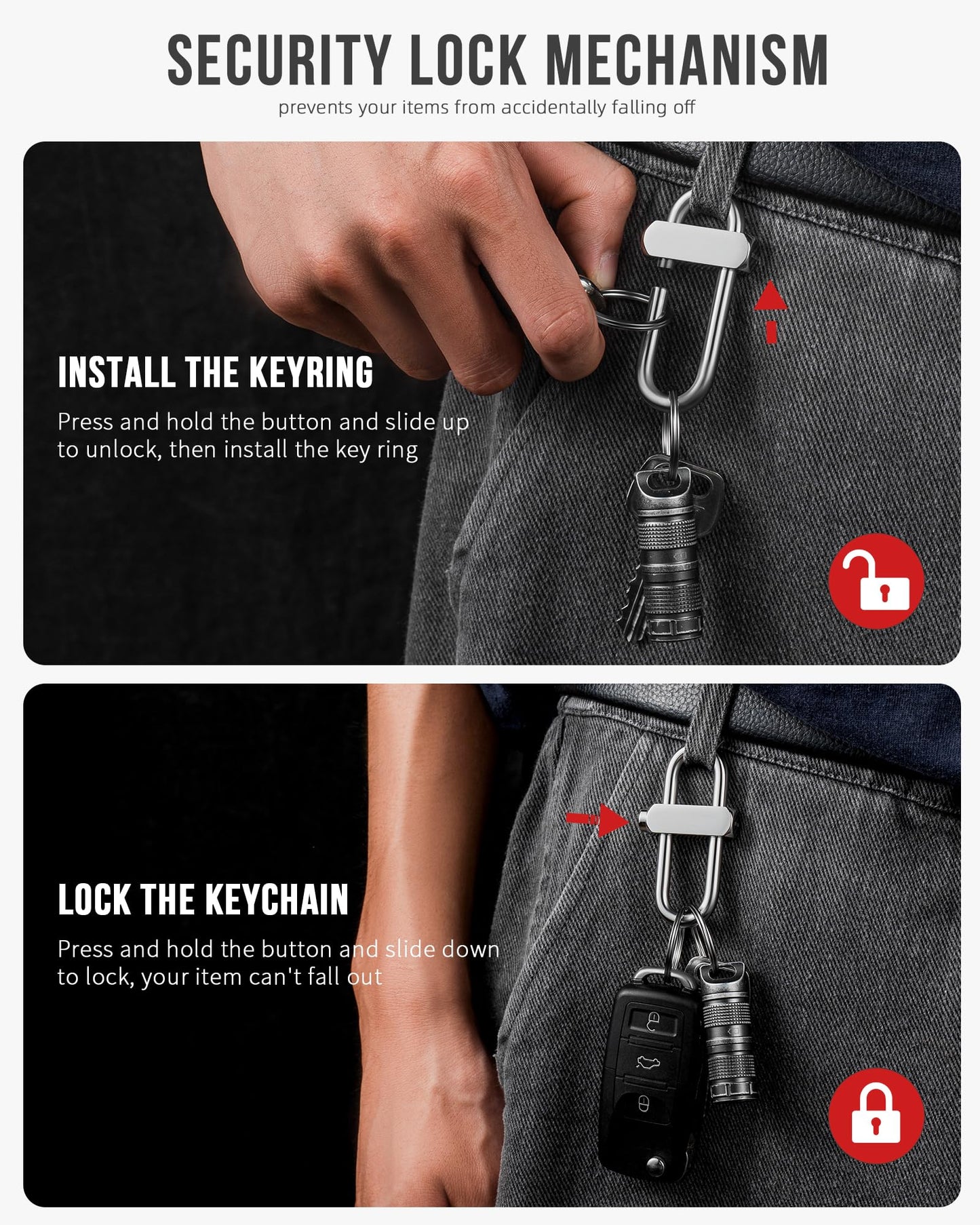 FEGVE Locking Carabiner Clip Heavy Duty, Durable Anti-Loss Keychain Holder Carabiner for Keys Water Bottle Backpack