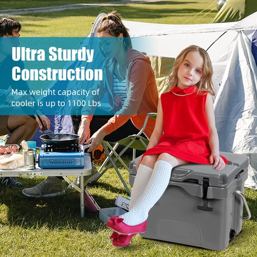 COSTWAY 16 Quart Grey Portable Hard Cooler with 2 Cup Holders, 3-5 Days Ice Retention, Heavy Duty Handle and Anti-Slip Foot Pads