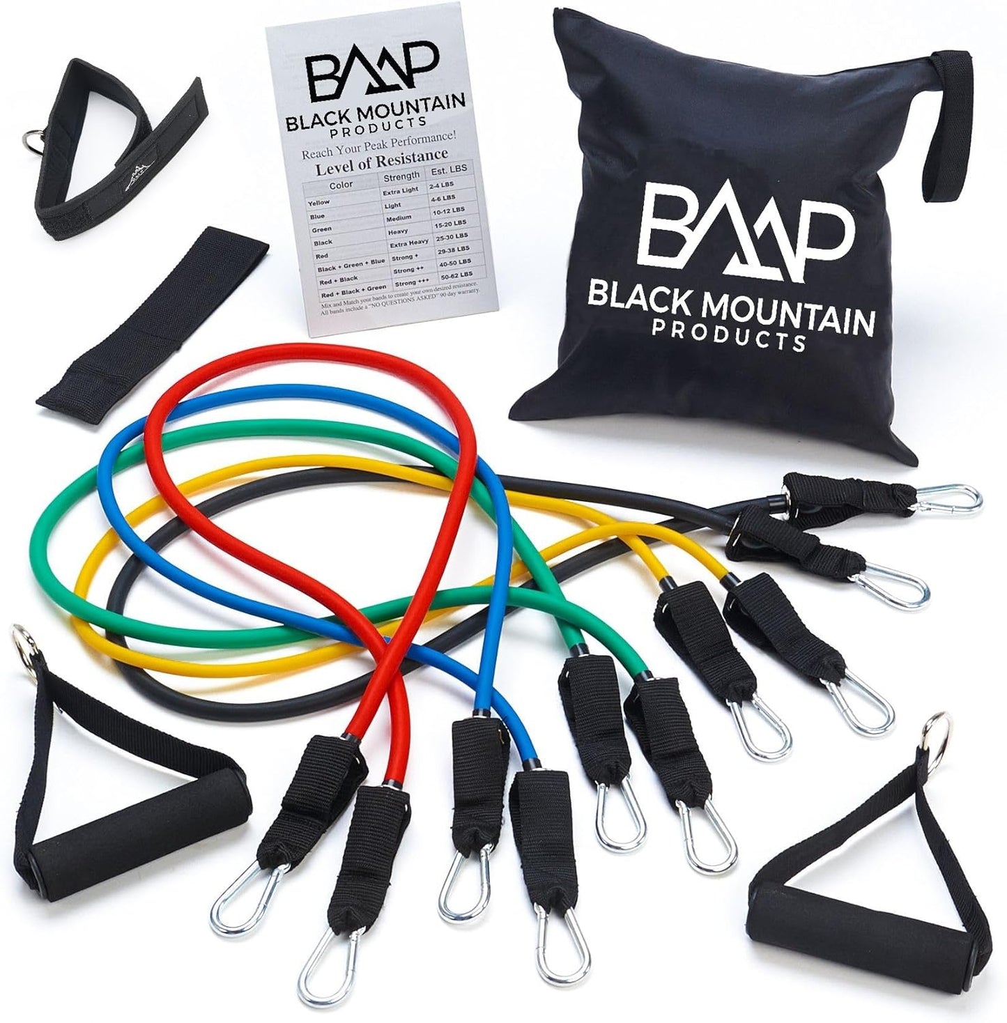 Black Mountain Products Resistance Band Set with Door Anchor, Ankle Strap, Exercise Chart, and Carrying Case, 48"