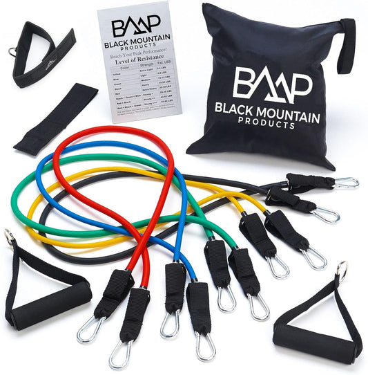Black Mountain Products Resistance Band Set with Door Anchor, Ankle Strap, Exercise Chart, and Carrying Case, 48"
