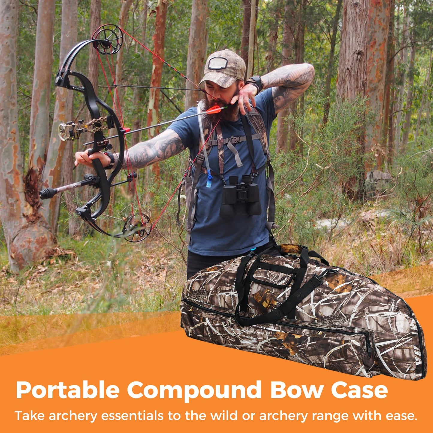 Compound Bow Case & Arrow Quiver, Multi-Pocket Bow Carry Bag for Archery Accessories, Protective Bow Carrying Case with Cushion Layer, Portable with Adjustable Shoulder Strap Back Straps Handles