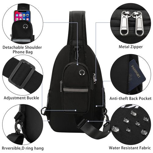 KUTQI Crossbody Sling Backpack with Detachable Phone Bag Sling Bag for Women Men Travel Essentials Cross Body Bag