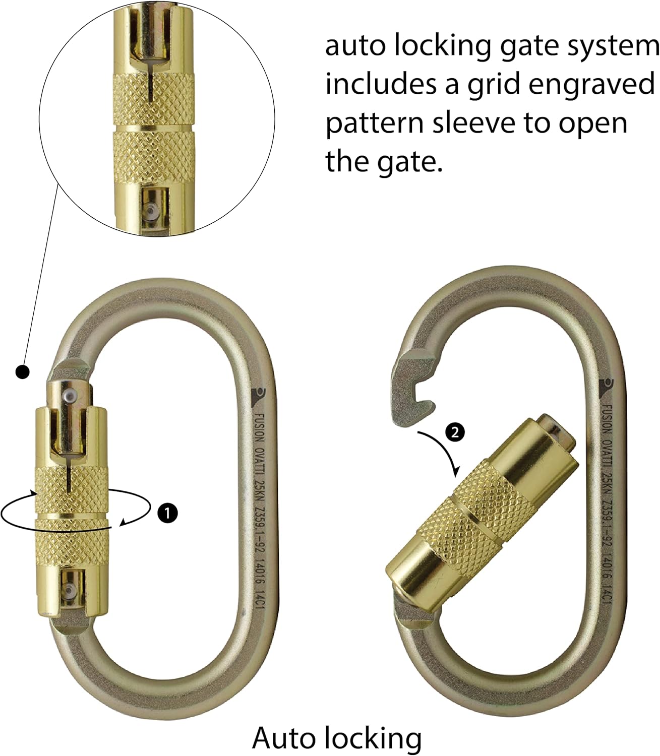 Auto Locking Carabiner 25KN (5-Pack)- Fusion Climb® Ovatti- Professional Rock Climbing Carabiner- Heavy Duty Steel- Auto Locking Carabiner for Climbing, Rappelling, D Shaped- UIAA ANSI Compliant