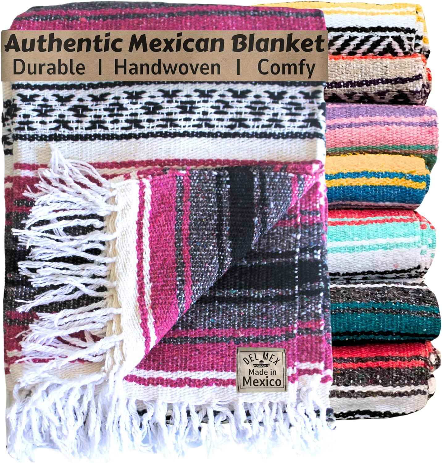 Authentic Del Mex Large Mexican Blanket - Woven Falsa Throw (70"x50") for Beach, Yoga & Outdoor Decor - Pink/Tan