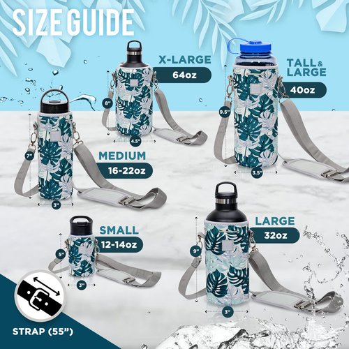 Made Easy Kit Neoprene Water Bottle Carrier Holder with Adjustable Shoulder Strap for Insulating & Carrying Water Container Canteen Flask Available in 5 Sizes (Green Gray House Floral, M (16oz-22oz))