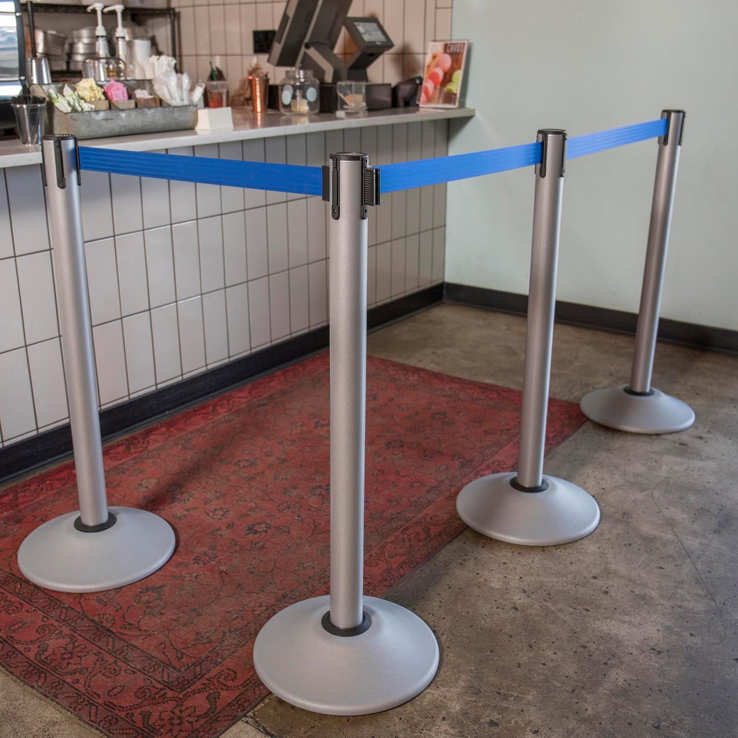 Premium Silver Steel Stanchion with 7.5-Foot Retractable Belt for Crowd Control