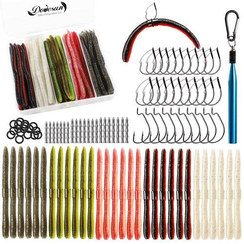 Dovesun 152Pcs Wacky Worm for Bass Fishing Lures for Bass Trout Fishing Worms & Hook Kit with Soft Plastic Baits, Offset/Weedless Hooks, Wacky Rig Tool, O-Rings, Sinkers