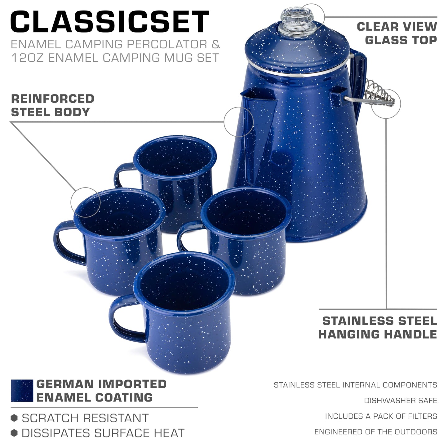 COLETTI Classic Enamel Set Coffee Percolator & Mugs — The Most Nostalgic Camping Coffee Pot, Now Modernized [Blue Enamel, 12 Cup Percolator Coffee Pot & Set of 4 Mugs]