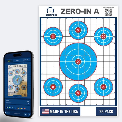 TactNib - Zero-in A Paper Targets - 12 x 18 Inches Cardstock - Designed and Made in USA - 25 Pack - PN P01Z01-025T - Free Mobile App