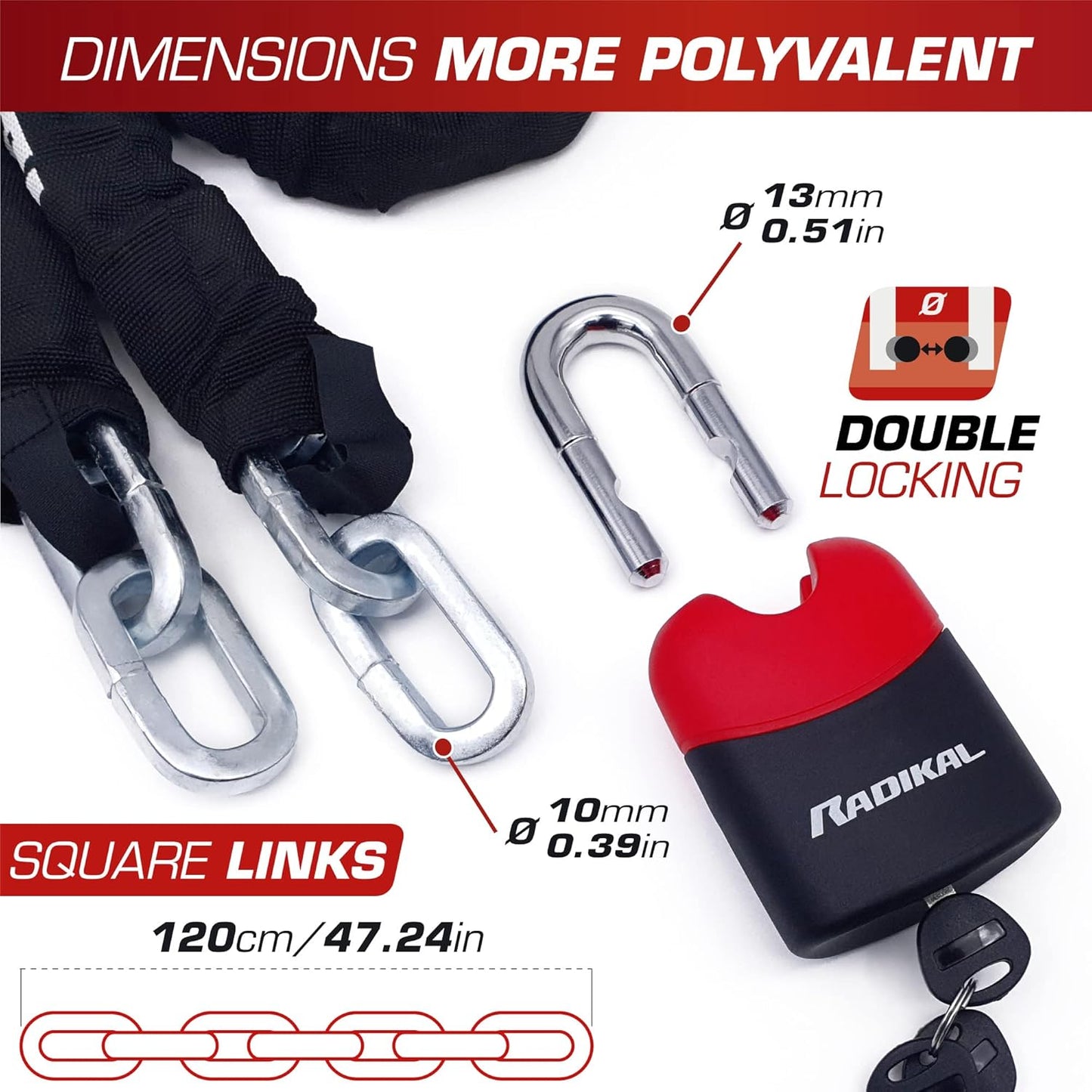RADIKAL RK4120 Motorcycle Chain Lock Cemented Steel, ø0.39in, 3.93ft Long, 2X Link System, Anti-Scratch, High Security Padlock for Garage Security Anchor, Scooter, Electric Bicycle, Containers, Gates