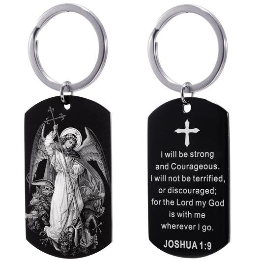 MRSLYFQH Patron Saints Catholic Keychain,Christian Bible Verse Religious Scripture Dog Tag Gifts, Communion,Baptism,Confirmation Stainless Key Chain (St.Michael+Joshua 1:9)
