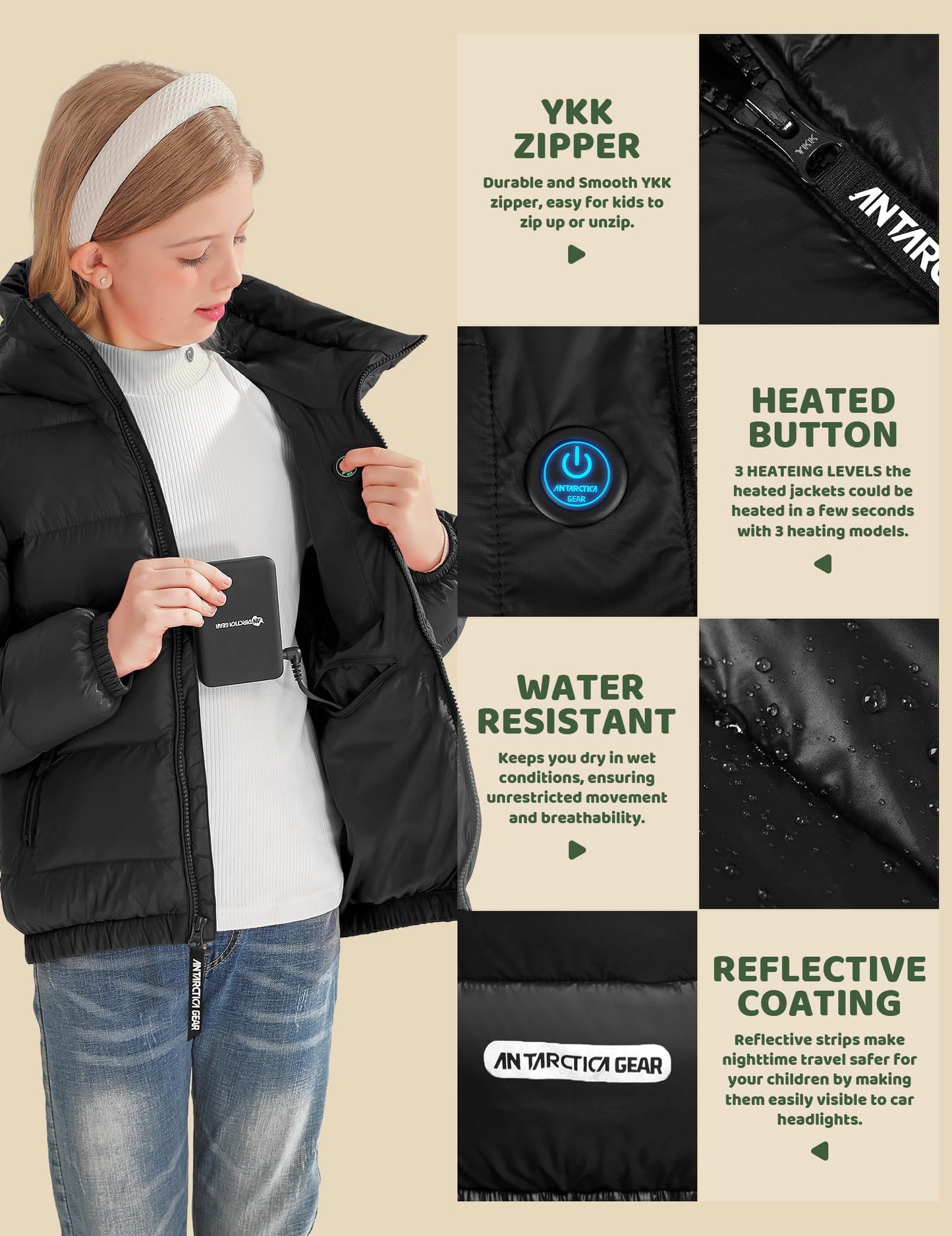 ANTARCTICA GEAR Kids Heated Jacket with 12V/5A 10000 mAh Battery Pack, 3 Heated Areas Winter Coat for Boys & Girls