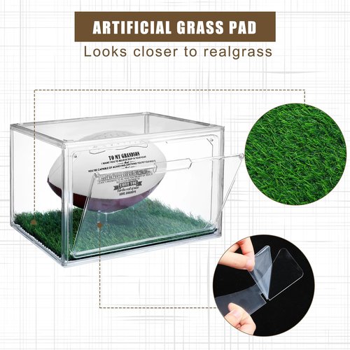 Suzile 2 Sets Acrylic Football Display Case Clear Football Storage Box with Magnetic Door Football Showcase with Artificial Grass Pad and Removable Display Stand Football Holder for Sport Lover