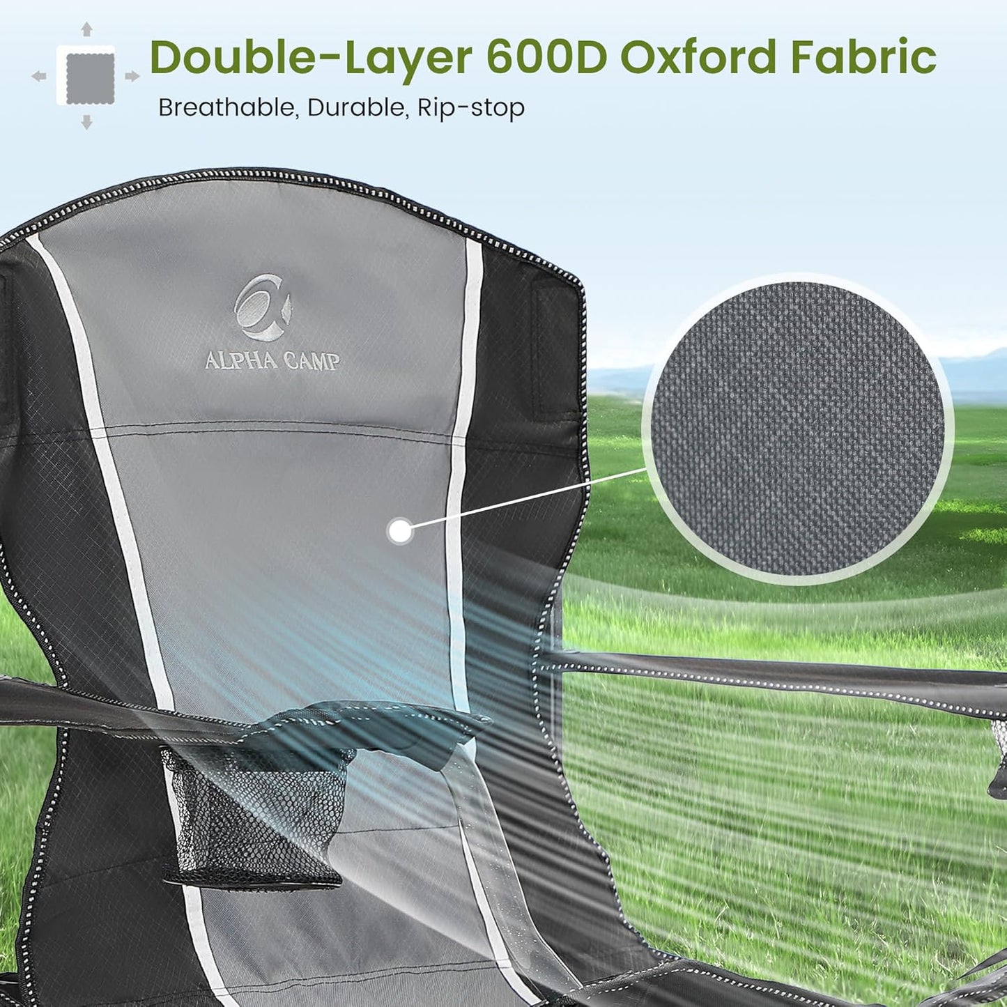 ALPHA CAMP Oversized Camping Folding Chair - Heavy Duty Steel Frame Support 350 LBS, Collapsible Padded Arm With Cup Holder, Quad Lumbar Back, Portable for Outdoor/Indoor