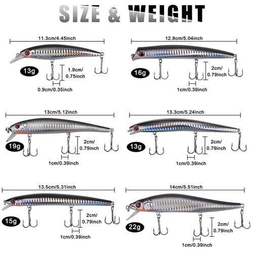 Saltwater Fishing Lures Kit 6pcs Striped Bass Fishing Lures Hard Minnow Lures Jerkbait Topwater Popper Plugs Surf Fishing Striper Lures Inshore Offshore Saltwater Fishing Lures Set