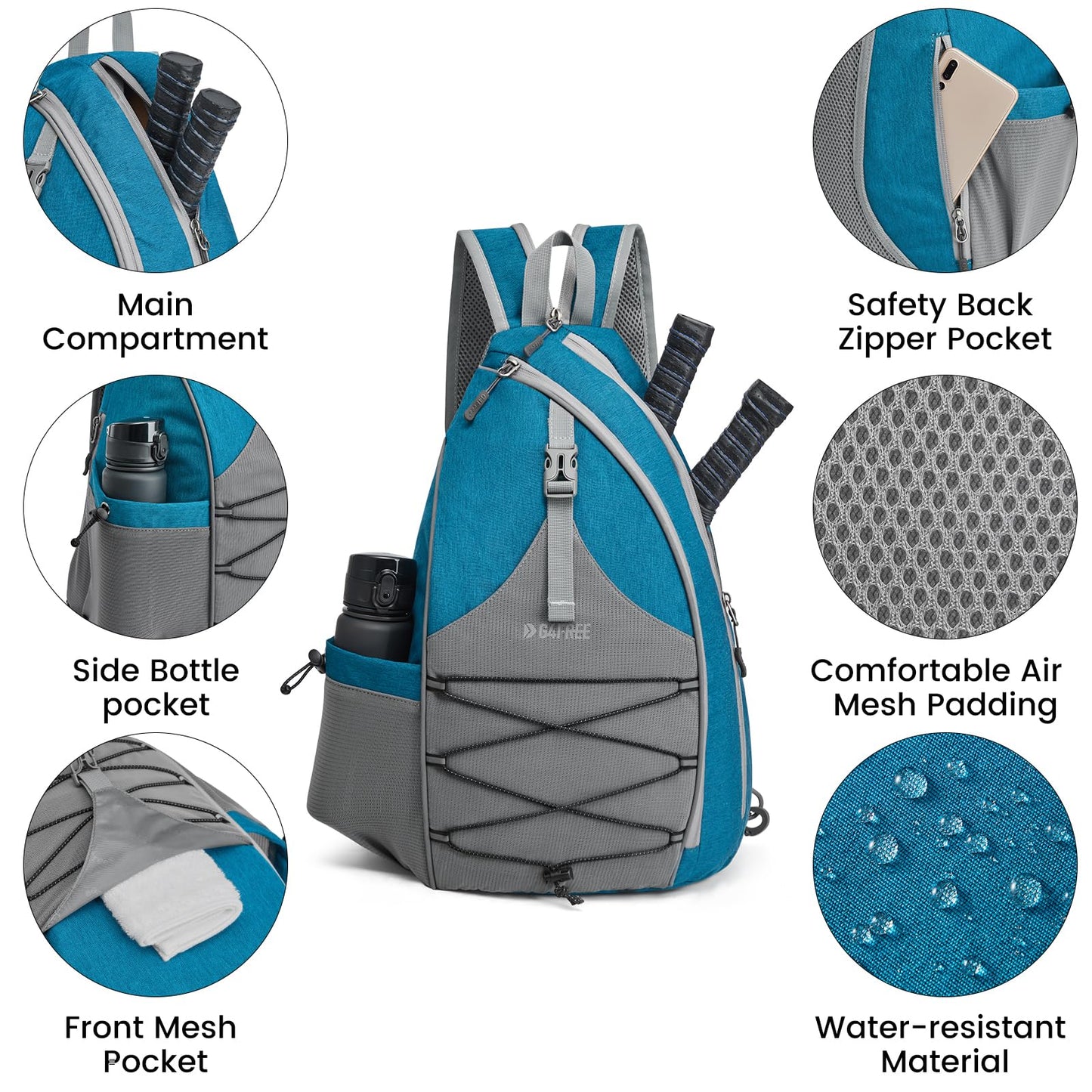 G4Free Pickleball Bag, Pickleball Backpack for Women & Men, Adjustable Sling Bag with Waterproof Pocket/Fence Hook, Teal Blue