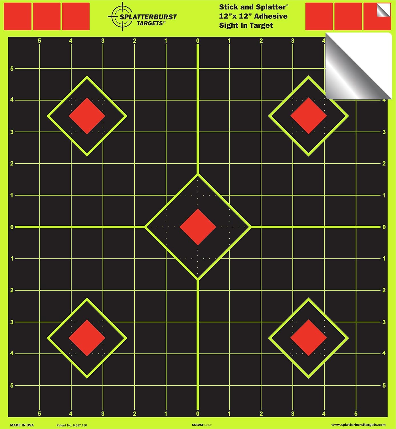 Splatterburst Targets - 12 x 12 inch Sight in Stick & Splatter Self Adhesive Shooting Targets - Shots Burst Bright Fluorescent Yellow - Great for All Firearms, Airsoft & Pellet Guns - Made in USA
