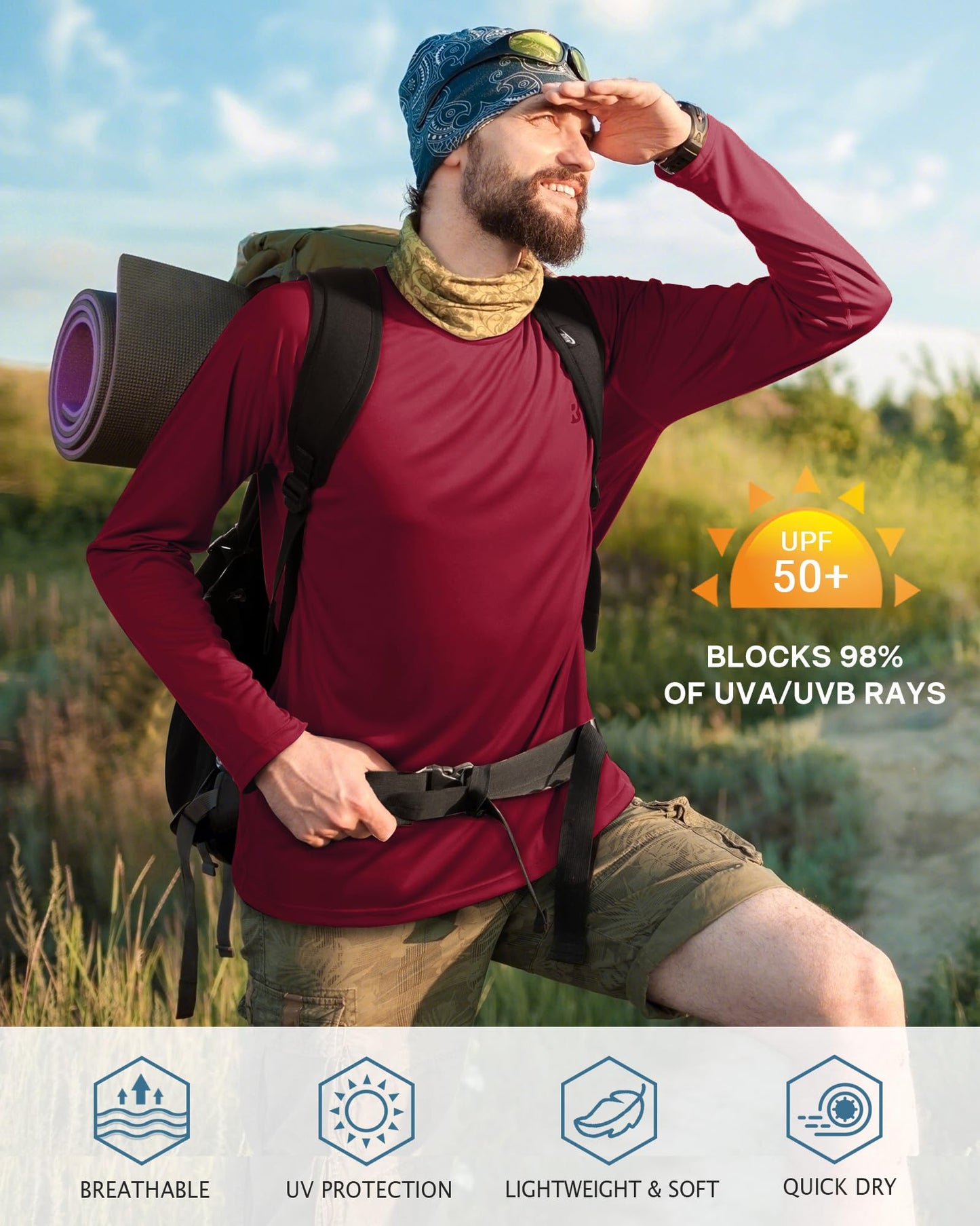 Roadbox Mens UPF 50+ UV Sun Protection Shirts Outdoor Long Sleeve SPF Rash Guard for Fishing Hiking Swimming Running