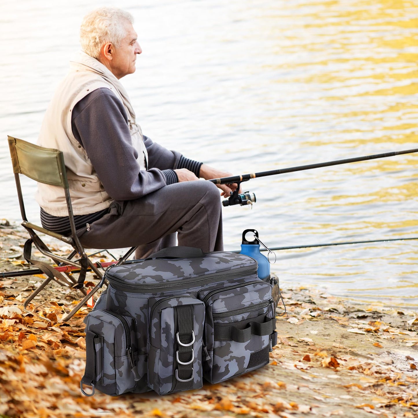 Fishing Bag, Fishing Tackle Storage Bag Chest Pack Rod Holder Shoulder Pack & Waist Bag Organizer with Belt & Shoulder Strap, Colorful Reflective Stripes for Hiking Fishing Camping (Black Camouflage)