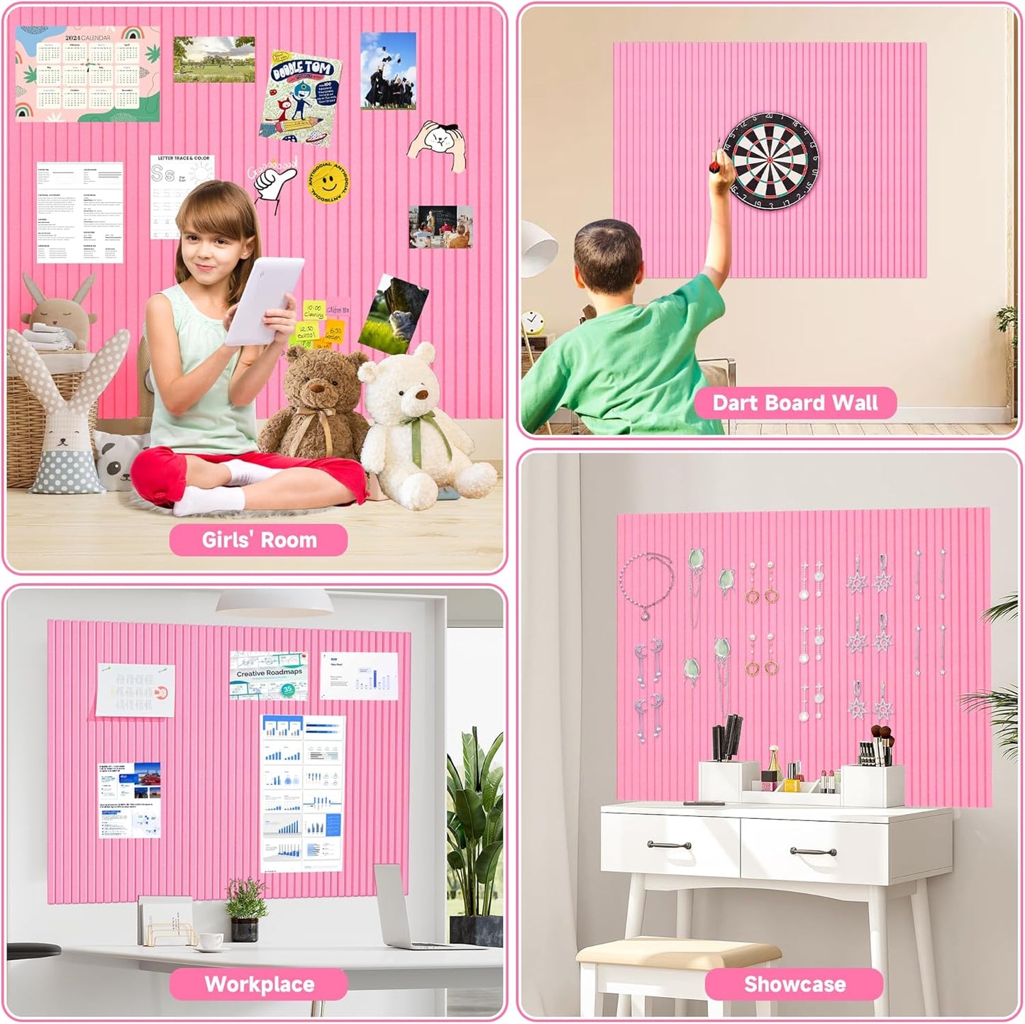 12Pcs 48" x 36" Large Cork Boards for Walls Alternative, 3rd Gen Felt Bulletin Board with Pins and Non-Marking Adhesives, Felt Wall Tiles for Office, Classroom, Living Room, Girls' Room, Pink