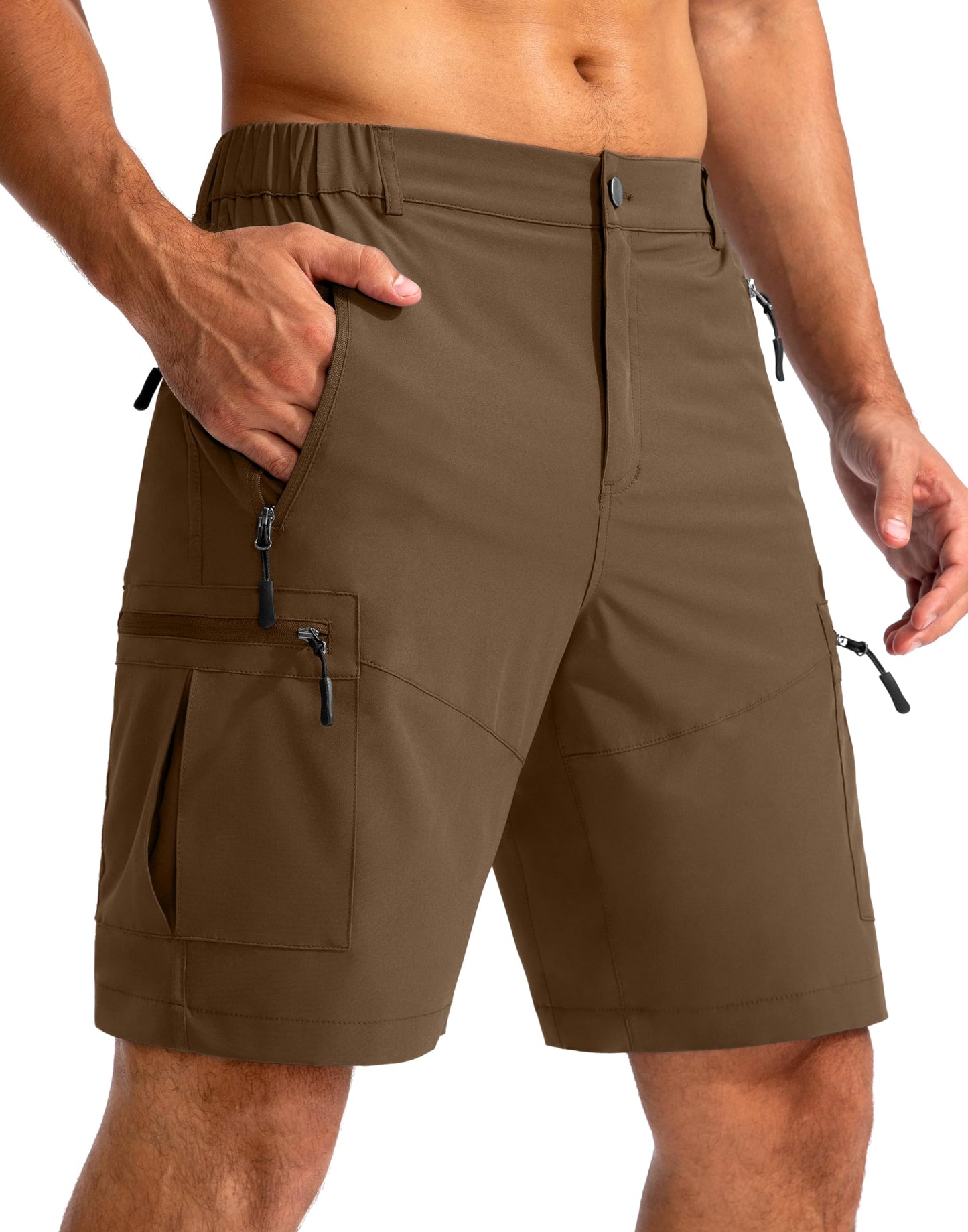 Pudolla Men's Hiking Cargo Shorts 9" Lightweight Outdoor Work Shorts for Men Travel Golf Camping Casual with 5 Zipper Pockets(Brown Small)