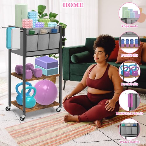 Yoga Mat Storage Rack Home Gym Equipment Yoga Mat Holder for Yoga Mat Dumbbells Kettlebells Foam Roller Yoga Strap Workout Equipment Storage Organizer with Hooks Wheels, Rustic Brown