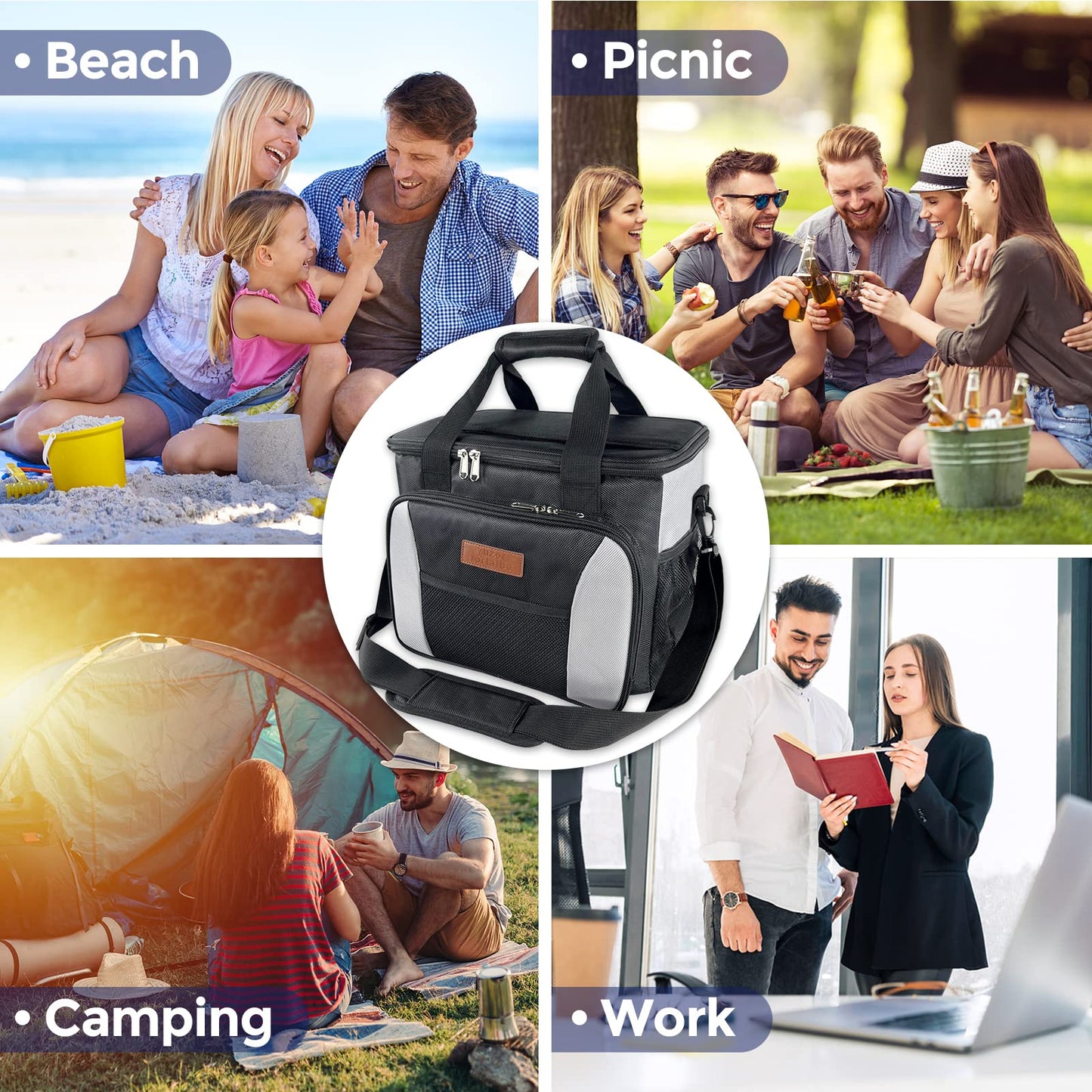 Yuzerfortalbe 25L Cooler Bag, Black, Nylon, Insulated, Collapsible, Lightweight, for Travel, Picnic, Camping, Grocery, Shopping