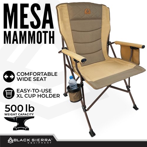 Black Sierra Oversize Camping Chair for Adults Supports 500 lbs, XL Heavy Duty Hard Arm Folding Chair, Steel Frame Durable Padded Outdoor Seat, Portable Fold Up Chair w/Cup Holder and Storage Bag