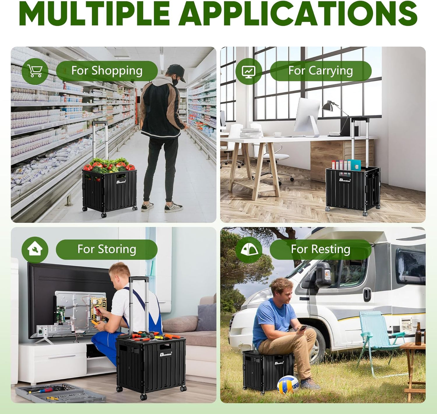 Folding Utility Cart with Lid, Portable Rolling Crate Handcart Collapsible Shopping Trolley, Durable Plastic Foldable Tool Basket with 4 Rotate Wheels for Grocery, Office, Luggage, School - White