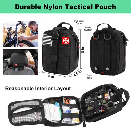 Survival Kit 256 in 1, First Aid Kit Survival Gear Tools Trauma Kit with Molle Pouch for Outdoor, Camping, Hunting, Hiking, Earthquake, Home, Office, Gifts for Men Dad Husband Women (Black)