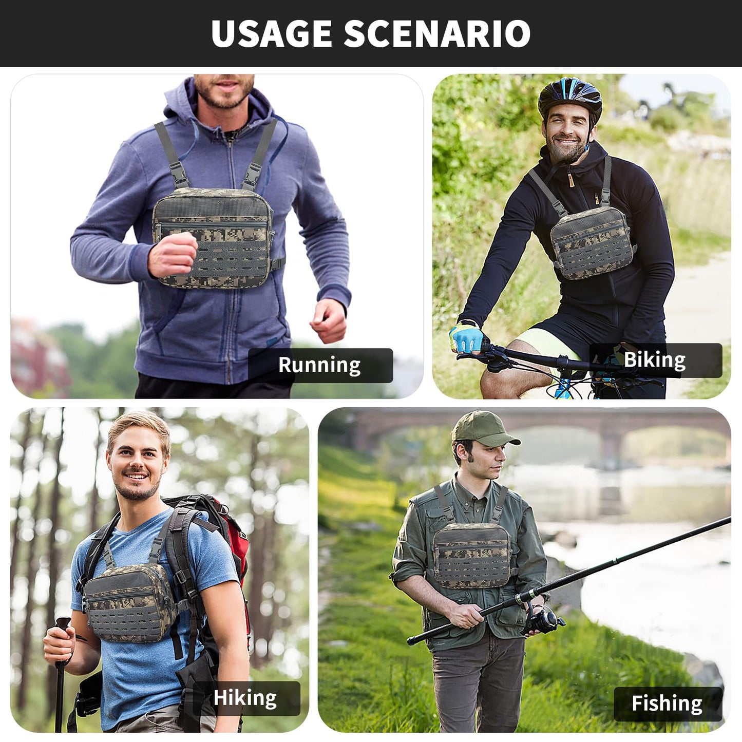 SUNRISING Tactical Chest Rig Bag Modular Tool Bag Tactical Molle Management Bag Detachable Magazine Pouches Plate with Strap Large Capacity Men's Chest Bag for Hunting Running Fly Fishing Grey Camou