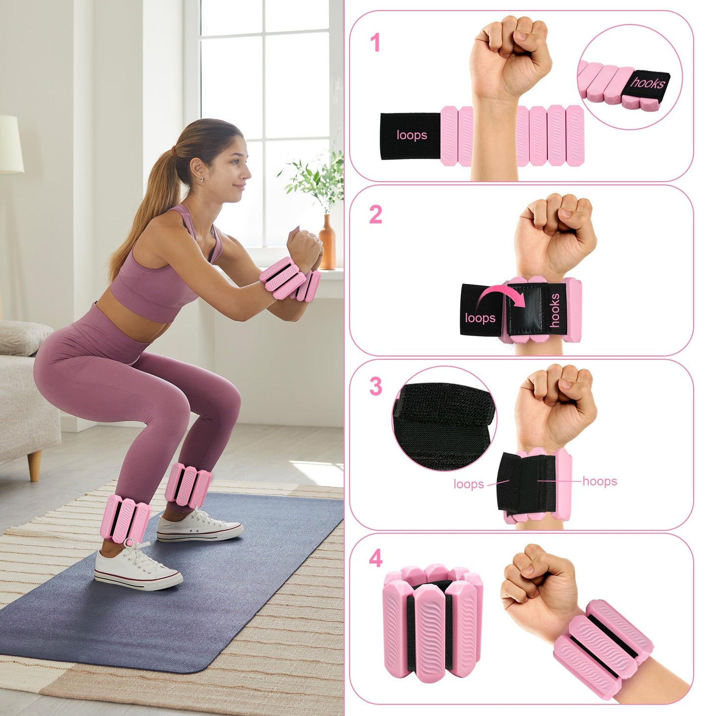 Adjustable Ankle and Wrist Weights for Women, 1 Lb Each, Set of 2, for Walking, Yoga, Dance, Gym (pink)