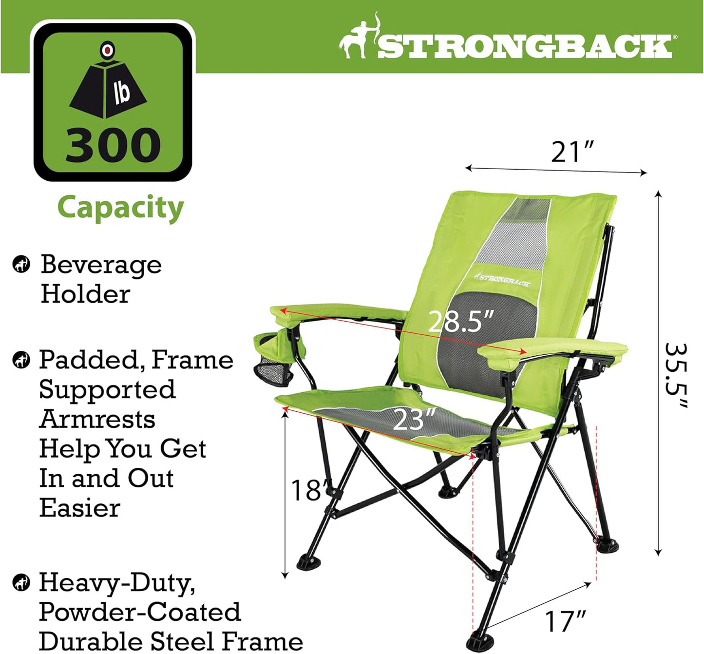 STRONGBACK Elite Folding Camping Lawn Lounge Chair Heavy Duty Camp Outdoor Seat with Lumbar Support and Portable Carry Bag - Navy/Grey