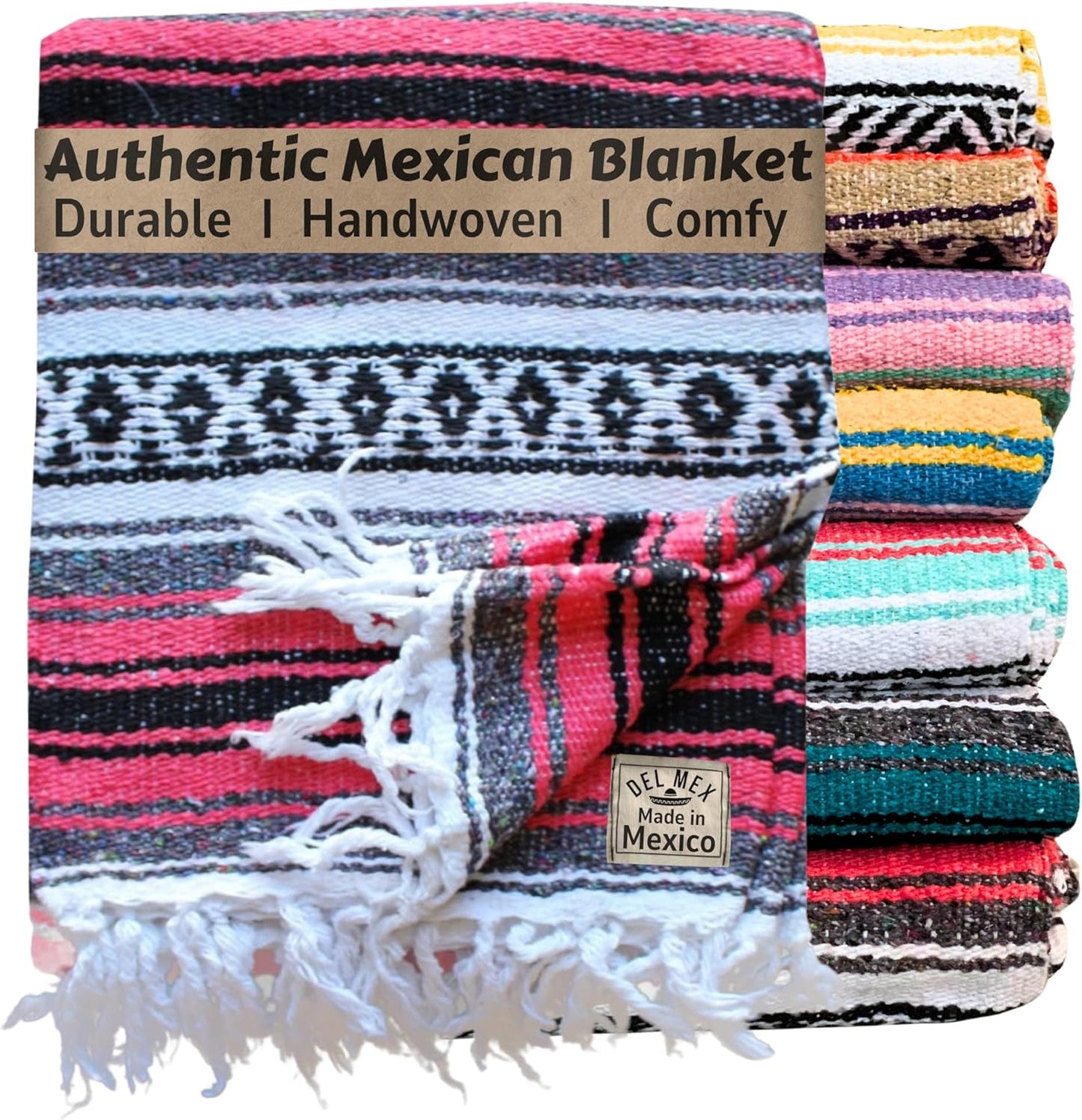 Authentic Del Mex Large Mexican Blanket - Woven Falsa Throw (70"x50") for Beach, Yoga & Outdoor Decor - Pink/Tan
