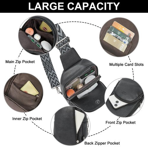 CLUCI Sling Bag - Crossbody Bag for Women's Travel, Black Leather Sling Backpack