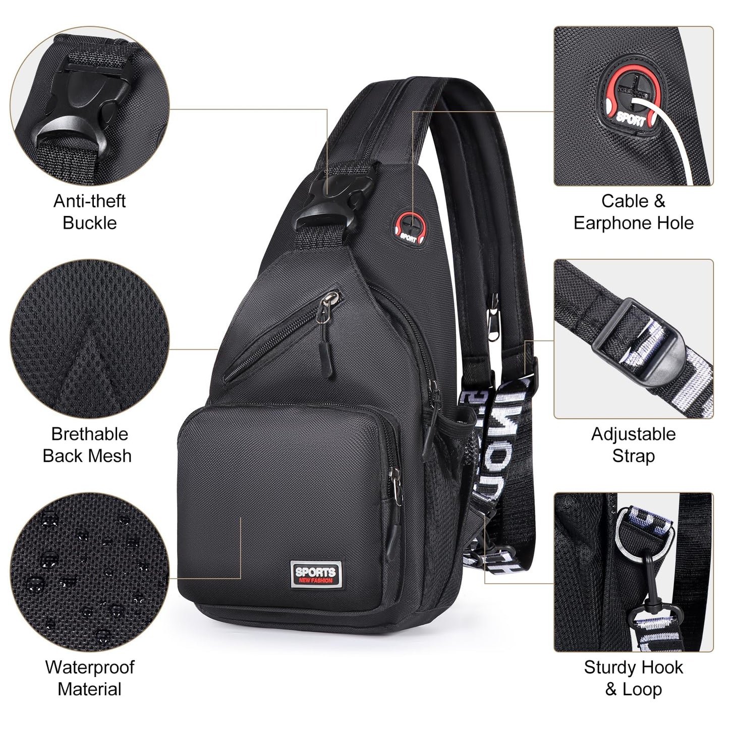 Geestock Crossbody Sling Bag for Men & Women, 2-1 Small Backpack Convertible Sling Backpack Waterproof Shoulder Chest Bag for Daypack Travel Hiking (Black)