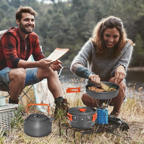 LSOSVSEU 15pcs Camping Cookware, 1.7L Pot, 7inches Pan, 0.8L Kettle Set with Plates Stainless Steel Forks Knives Spoons Camping Cookware Mess Kit for Hiking,Camping,Backpacking,Outdoor Cooking