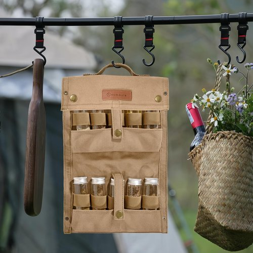 GVRGO Camping Spice Kit, Portable Travel Spice Bag Pouch With 10 Spice Containers, Foldable Canvas Seasoning Storage Bag for Outdoor Travel Camping BBQ Picnic- Khaki