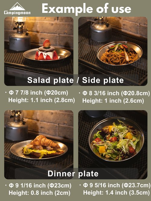 CAMPINGMOON Camping Plates 4pcs set Salad Side Dinner Plate Dishes Outdoor Tableware Stainless Steel with Canvas Case S397-1S