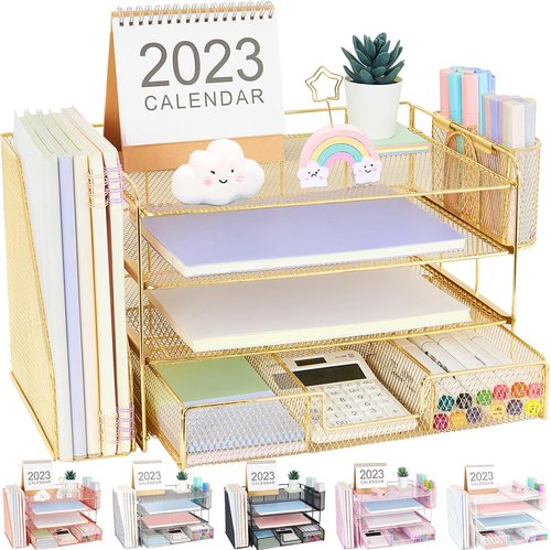 Desk Organizer and Accessories, 4-Tier Desktop File Organizer with Drawer and 2 Pen Holders, Office Desk Accessories for Office Supplies(Black)