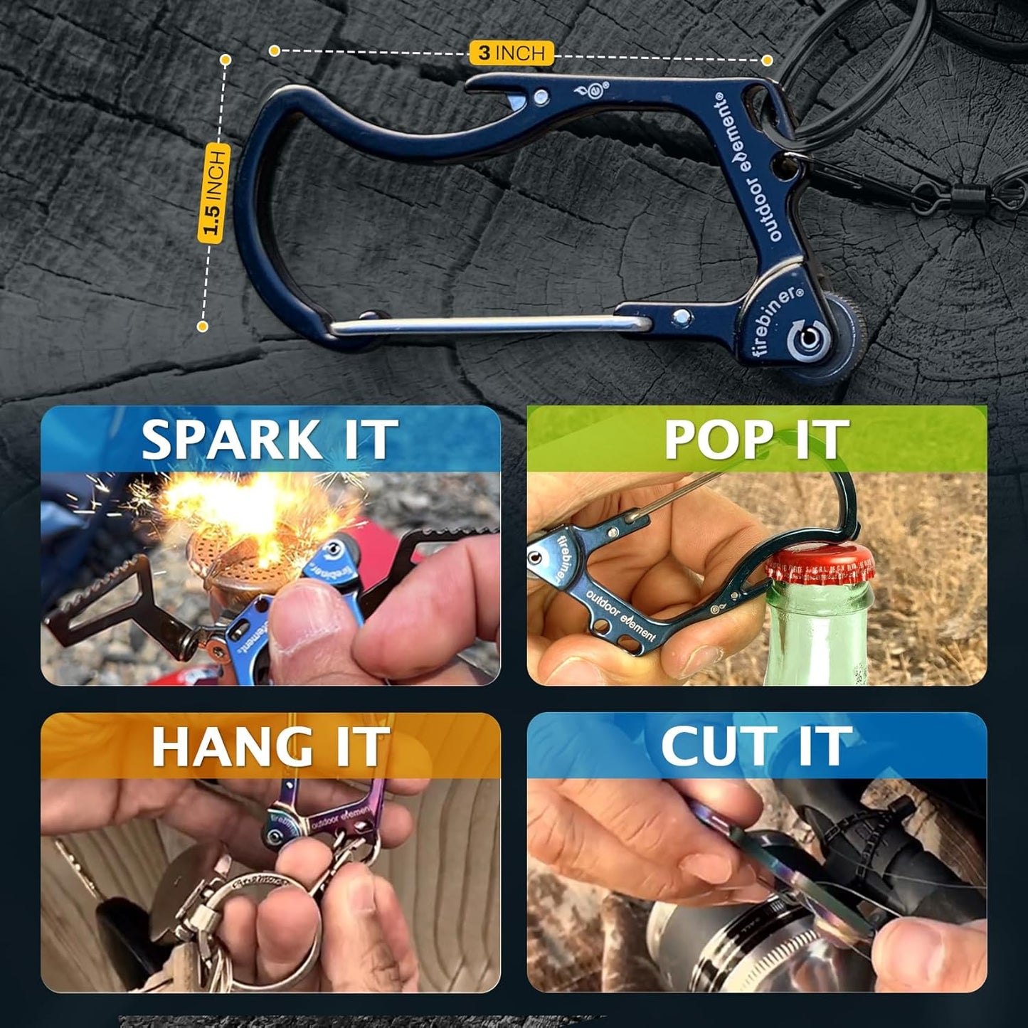 Firebiner 6-in-1 Fire-Starting Carabiner EDC Emergency Multitool -Keychain,Utility Blade,Bottle Opener,& More