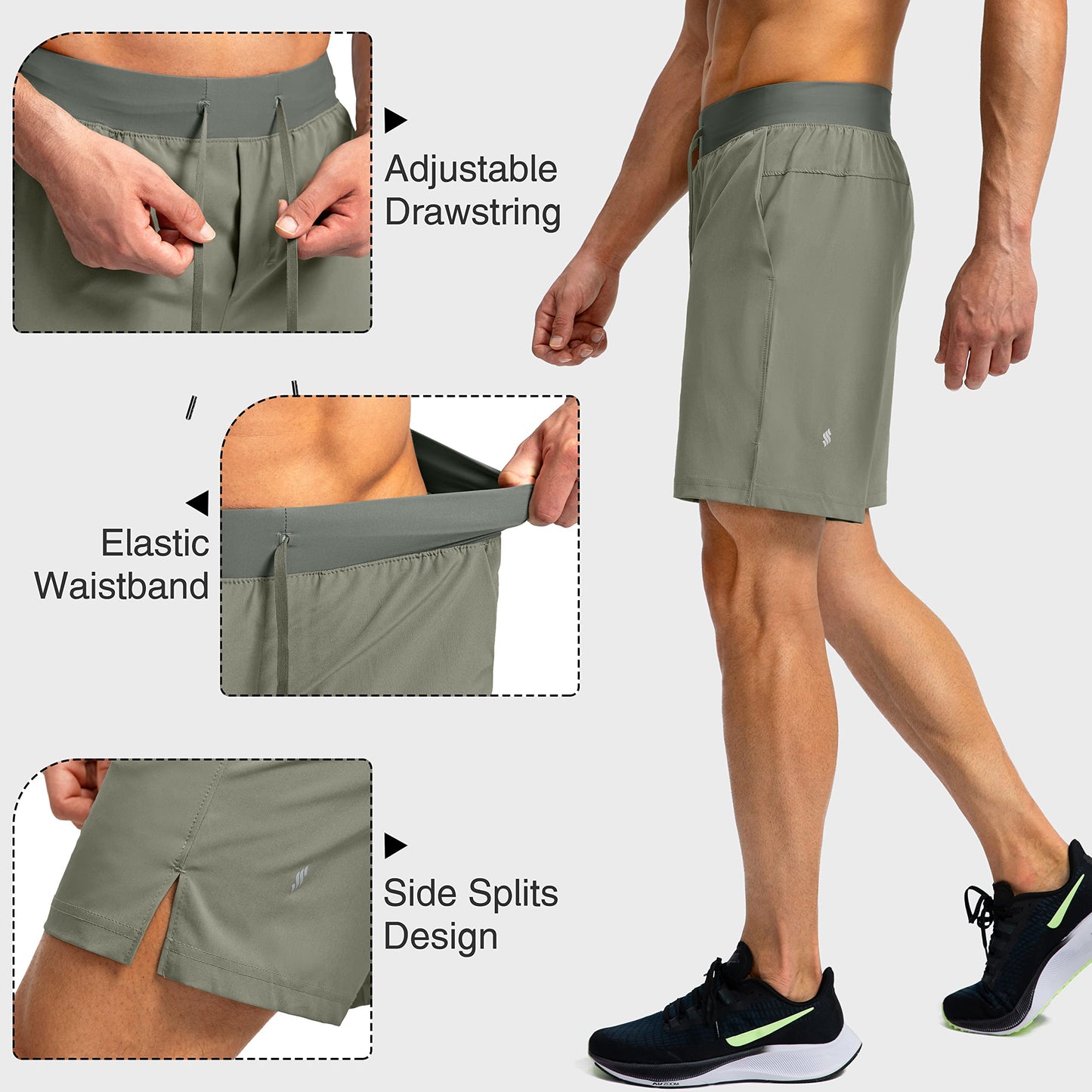 Men's Running Shorts with Zipper Pockets 7 Inch Lightweight Quick Dry Gym Athletic Workout Shorts for Men (Green Sage, M)