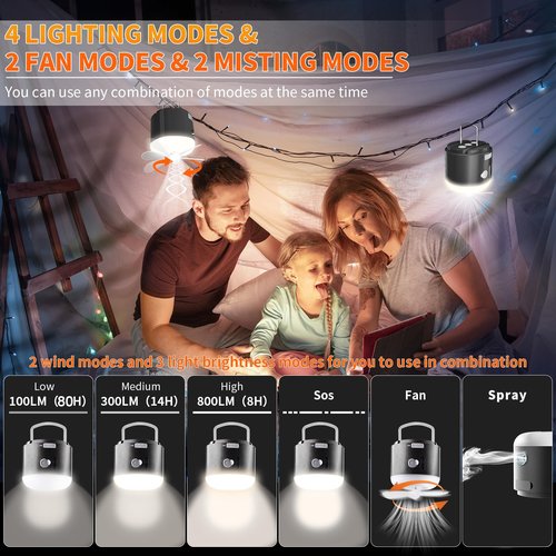 LED Camping Lantern Rechargeable 800LM, 3000m-Ah Up to 80H Running Time Camping Tent Light, with Fan, 4 Light Modes, Misting Feature & Magnetic Base, for Outdoor Camping, Power Outages