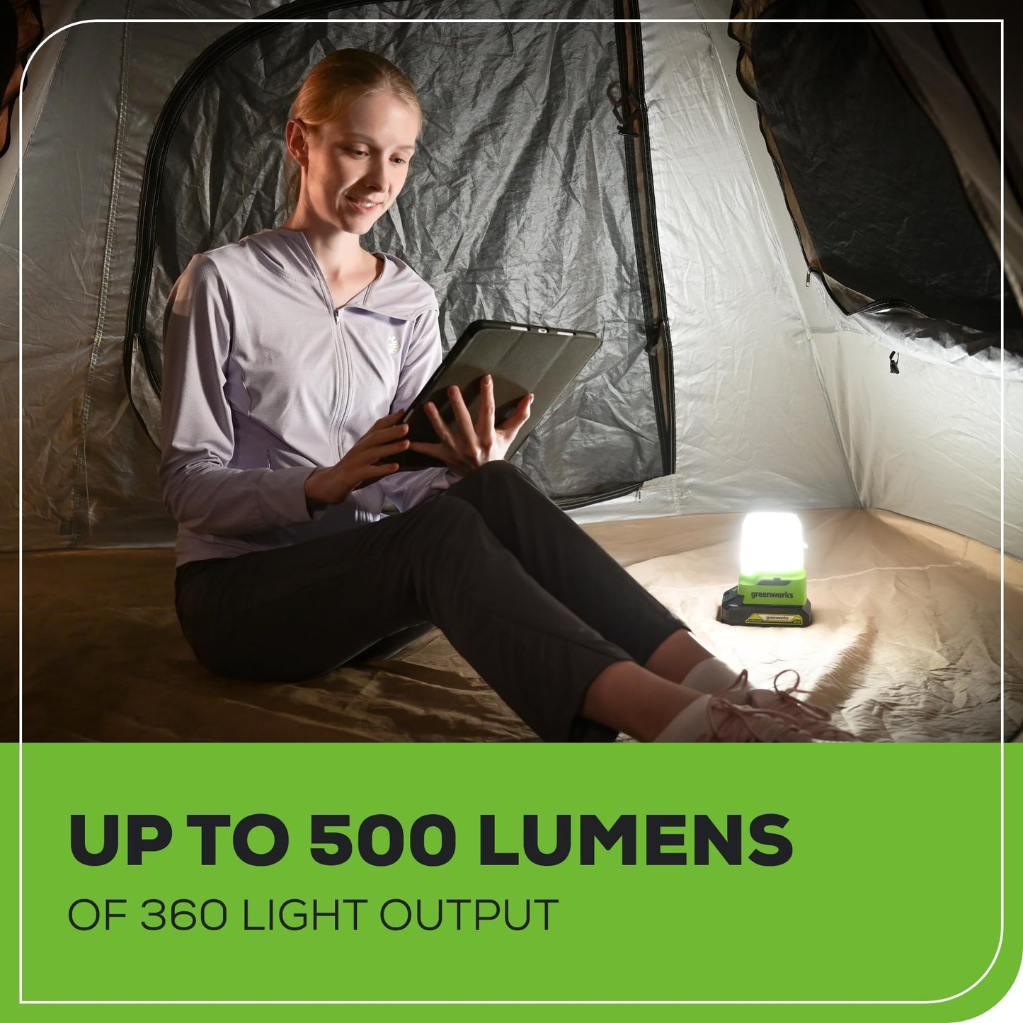 Greenworks 24V Cordless Lantern, Portable 500 Lumens Camping Light with Hook and Two USB Output Ports, 3 Modes, Mini Area Light with 2Ah Battery and Charger