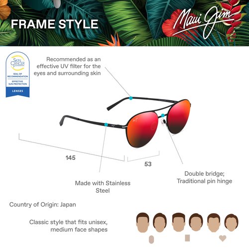 Maui Jim Half Moon Round Sunglasses, Matte Black/Hawaii Lava Polarized, Medium