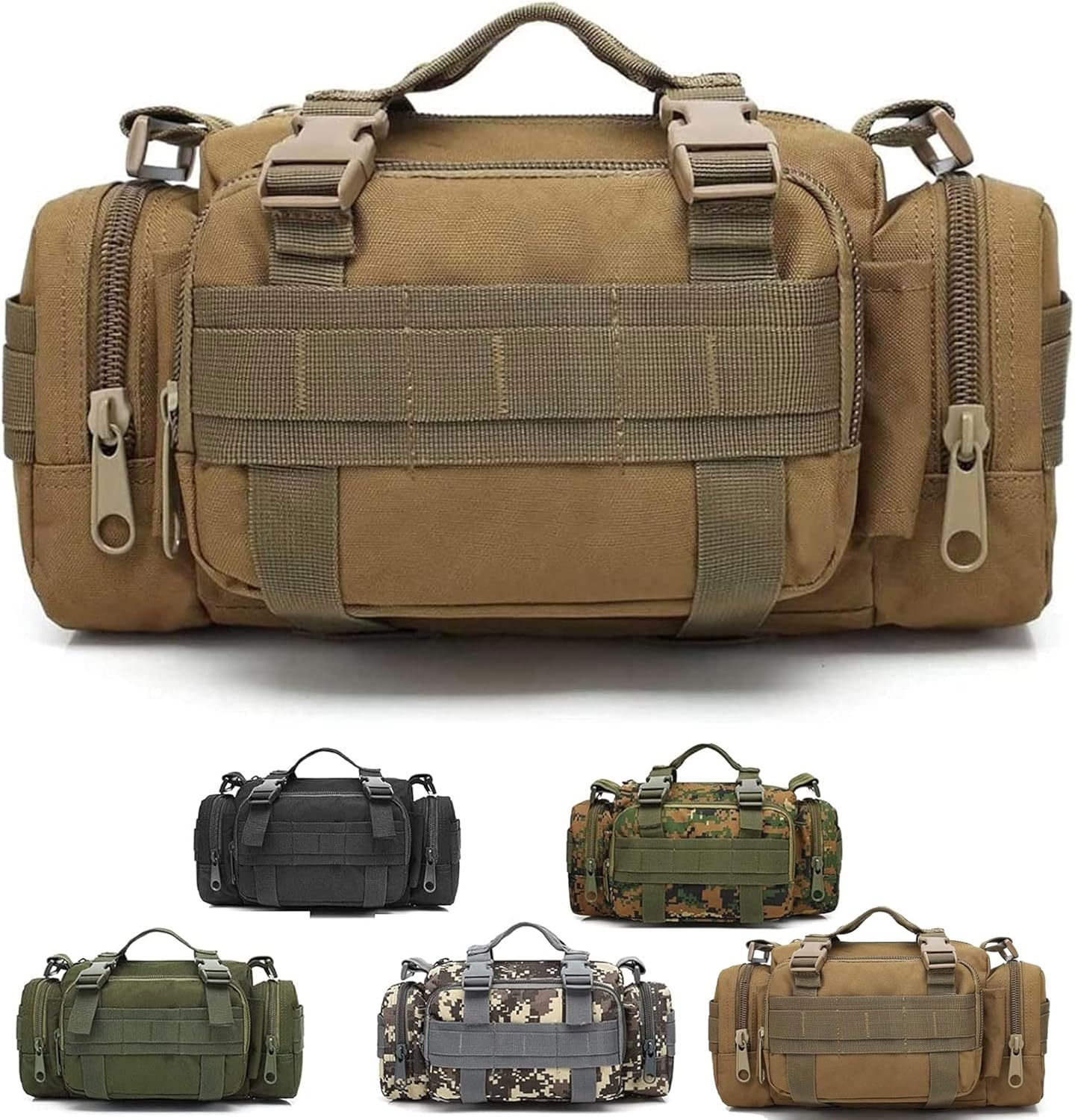 3P Military Duffel Waist Bag, Molle Bicycle/Motorcycle Waterproof Fanny Packs Camera Bag Camo EDC Utility Pouch Crossbody with Shoulder Strap Hand Carry