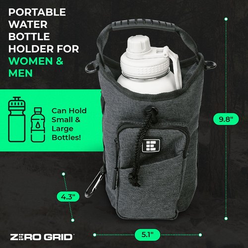 Zero Grid Insulated Water Bottle Carrier with RFID-Blocking Pocket for Personal Data, Electronics, and Phone - Fits 32 oz/1 L Bottles - Crossbody Bag with Adjustable Sling for Hiking and Travel - Grey