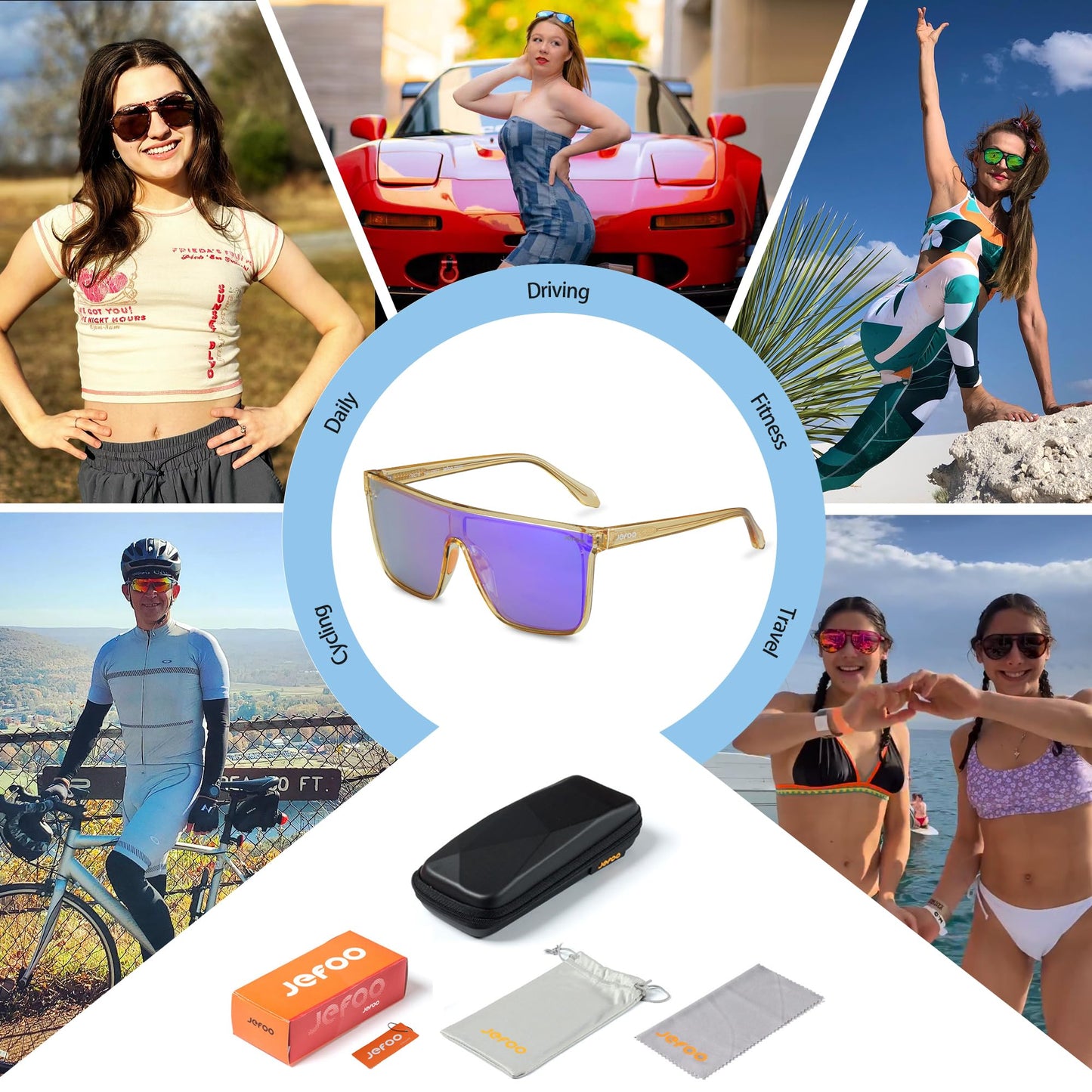 Jefoo Polarized Square Sunglasses for Women Men Oversized Fashion Siamese Lens Style Flat Top Shield Shades UV Protection